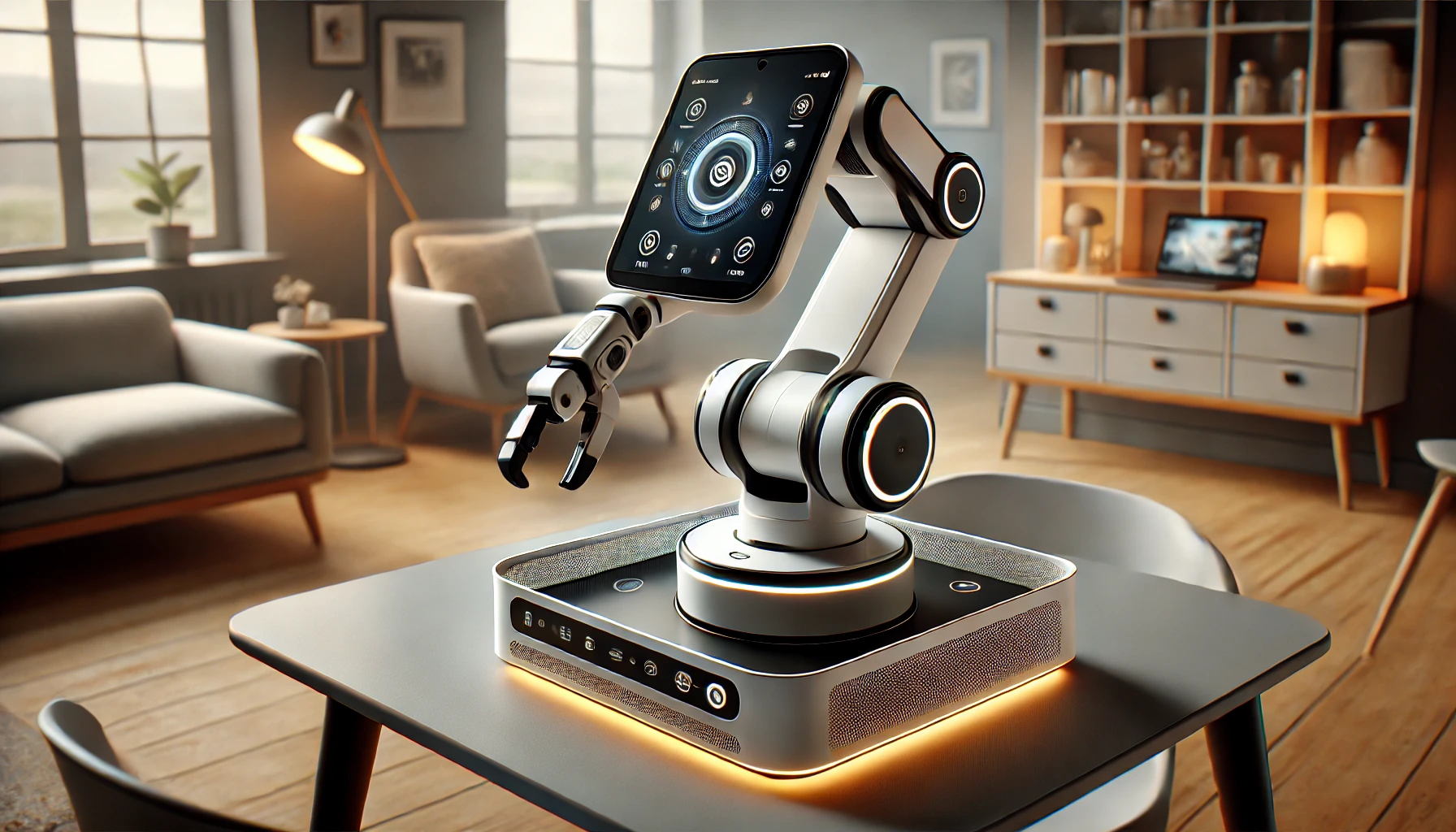 DALL·E 2024-08-16 16.19.33 - An alternative angle of a small desktop robot designed for home use, shown from a different perspective, such as from above or a low angle. The robot'.jpg