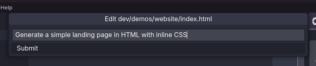 Чтобы начать генерацию кода, нажмите Ctrl-I, введите запрос и нажмите Enter.